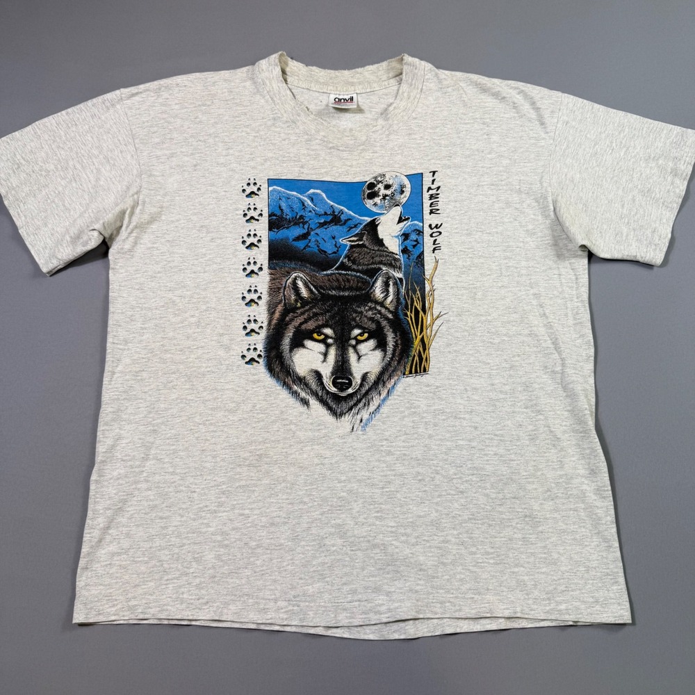 Vintage 90s Timber Wolf Graphic T-Shirt Mens L Grey Single Stitch Distressed USA